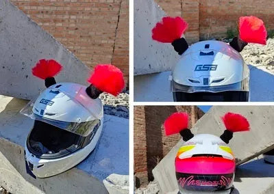 Pair of synthetic braid decorations and adhesive tube for customising motorcycle or ski helmets.