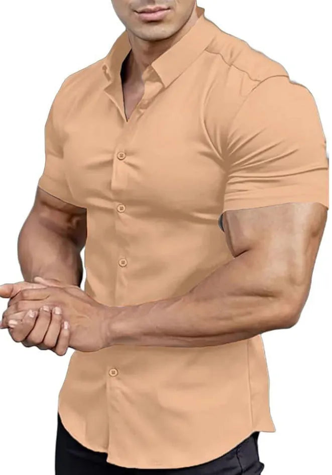 Men's short sleeve printed casual shirt with collar in cardigan style showing colour options