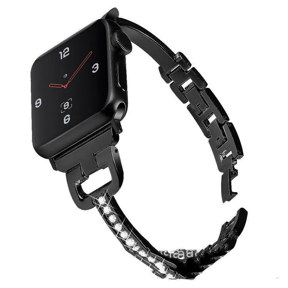 Apple Watch compatible smartwatch with D-shaped metal diamond strap in multiple colour options