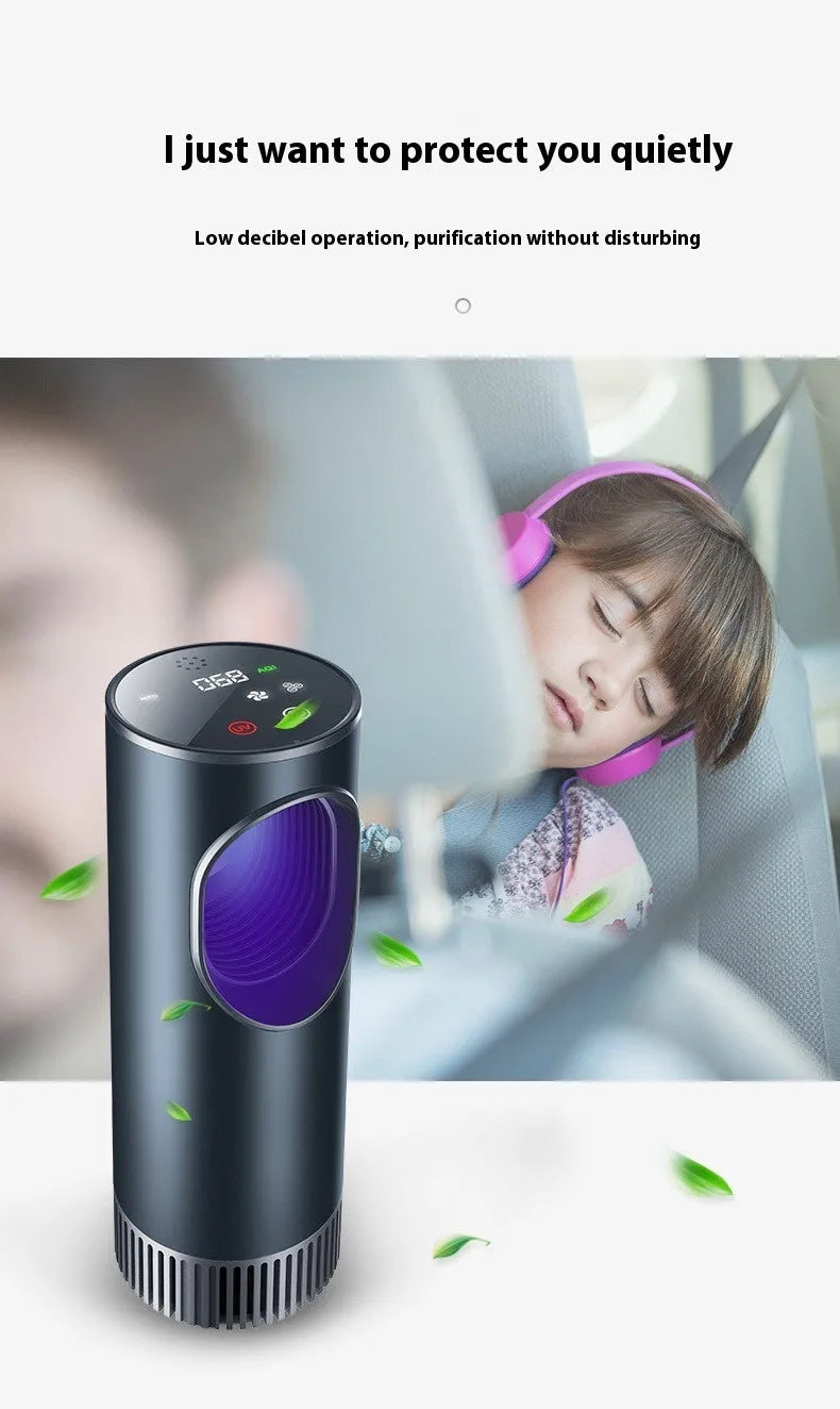 Black ABS smart car air purifier with USB cable, 68x187mm, 12M negative ion rating