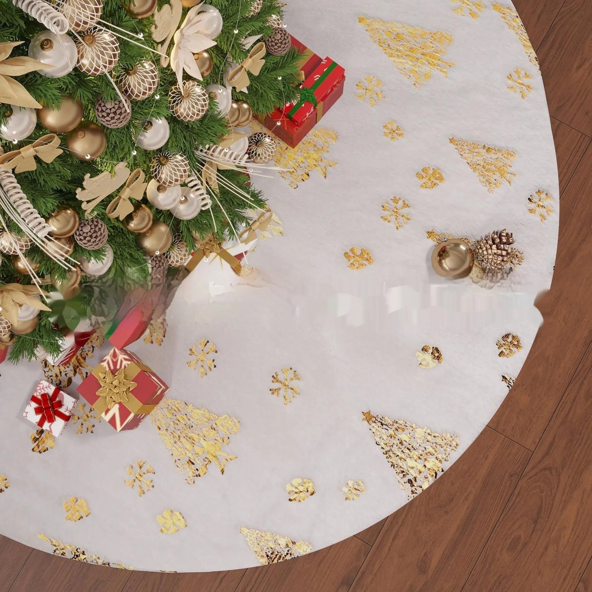 Plush Christmas tree floor mat in festive snowflake star design on wooden floor