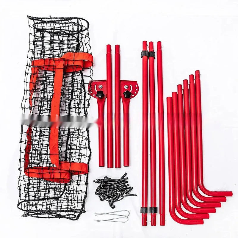 Red portable baseball training net with metal frame folded to 95x16x14.5cm size
