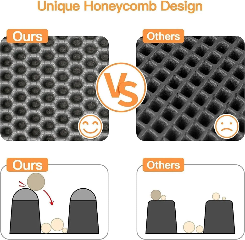 Black honeycomb double layer cat litter mat with non-slip bottom placed near litter box
