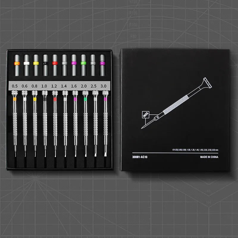 Boxed set of 10 manual screwdrivers and spare bits for watch and glasses repair.