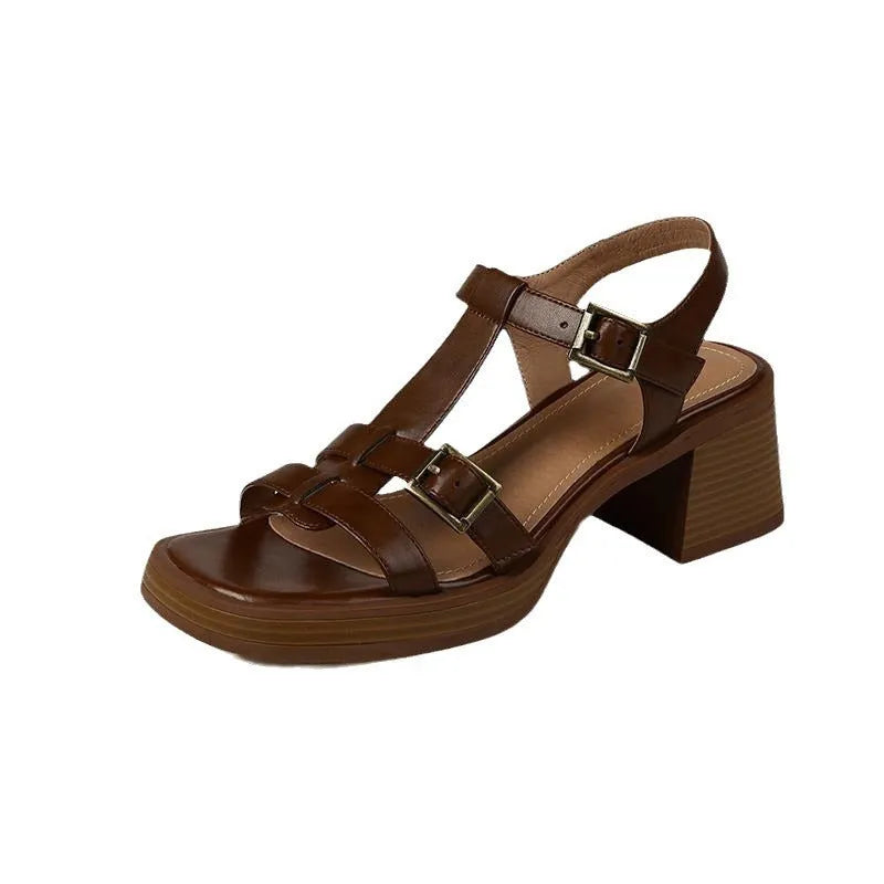 Women's retro T-buckle platform sandals with chunky heel in black colour showing square toe design