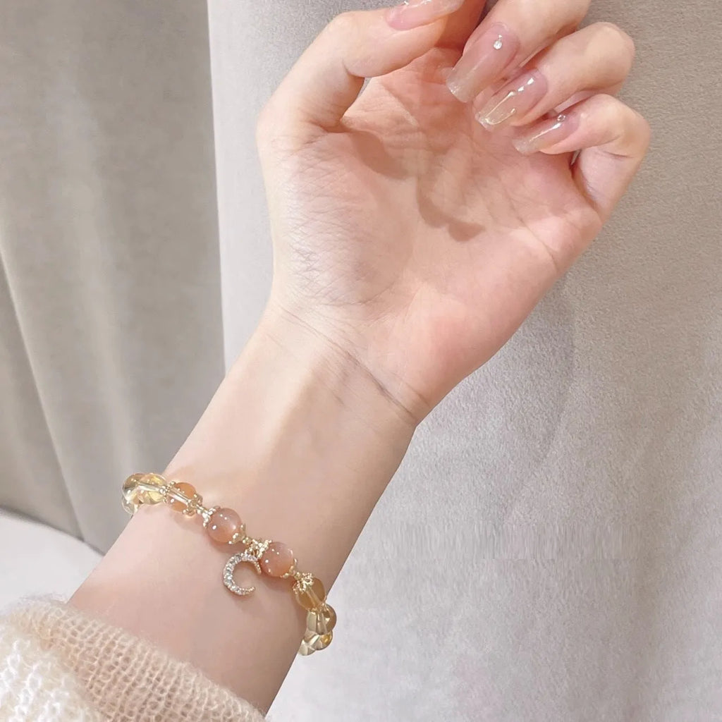 Chinese style moonstone crystal bracelet with 14K gold electroplating and diamond-shaped citrine moon design