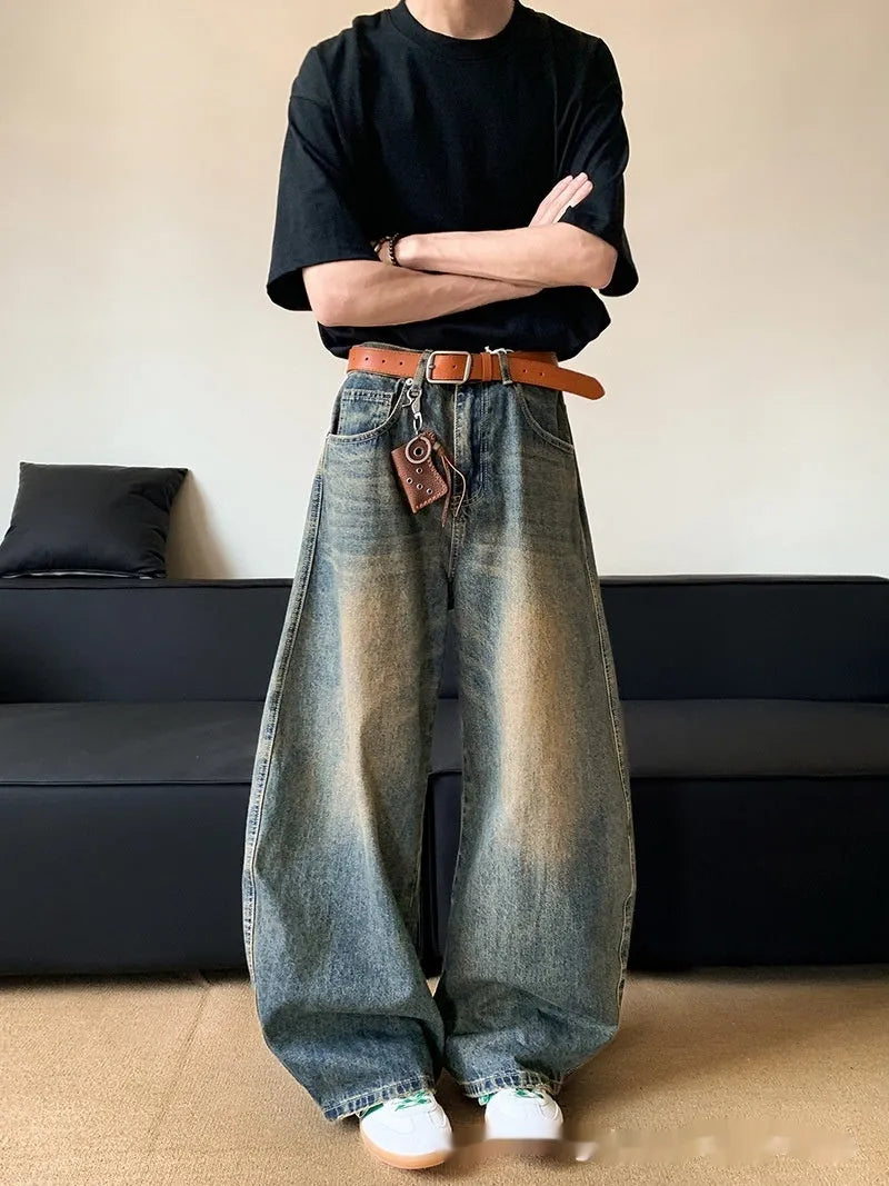 Men's retro blue distressed wide-leg jeans with micro elasticity cotton blend fabric