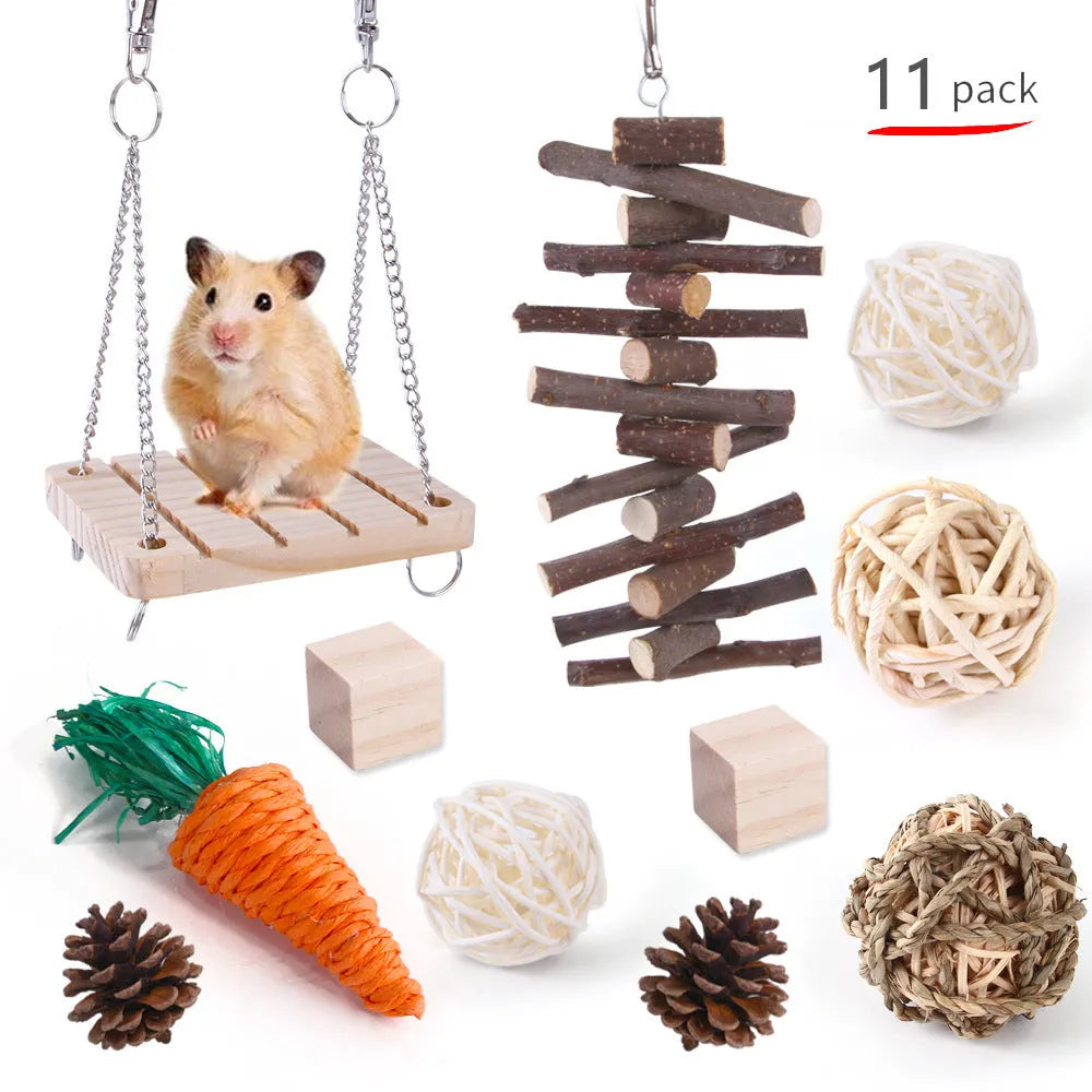 Wooden toy combination set for rabbits, guinea pigs, and parrots with straw mattress and natural material balls