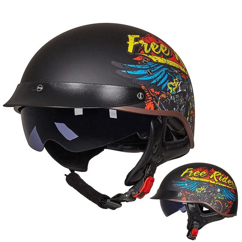 Vintage motorcycle helmet with ABS shell, EPS liner, quick release buckle, and UV protection glasses in black