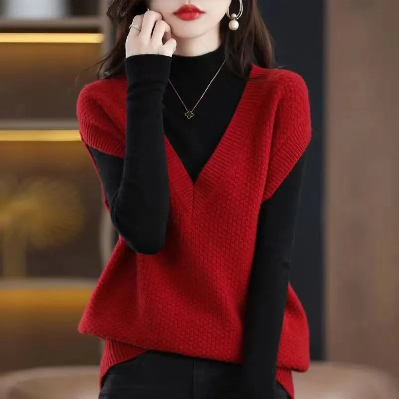 Women's V-neck sleeveless vest pullover with 3D pattern in acrylic knit, shown in multiple colour options