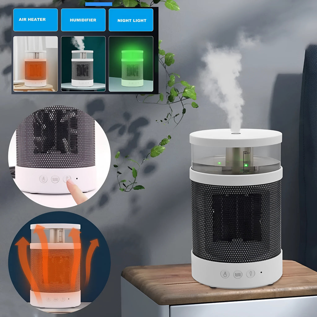 White 3-in-1 space heater with humidifier and night light on a desk