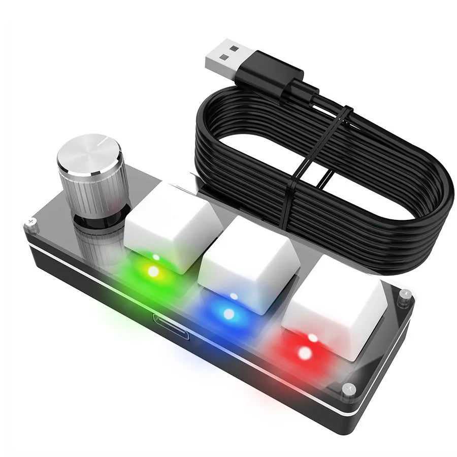 Three-key USB Photoshop shortcut keypad in black or white with 1.5 m cable and plastic body