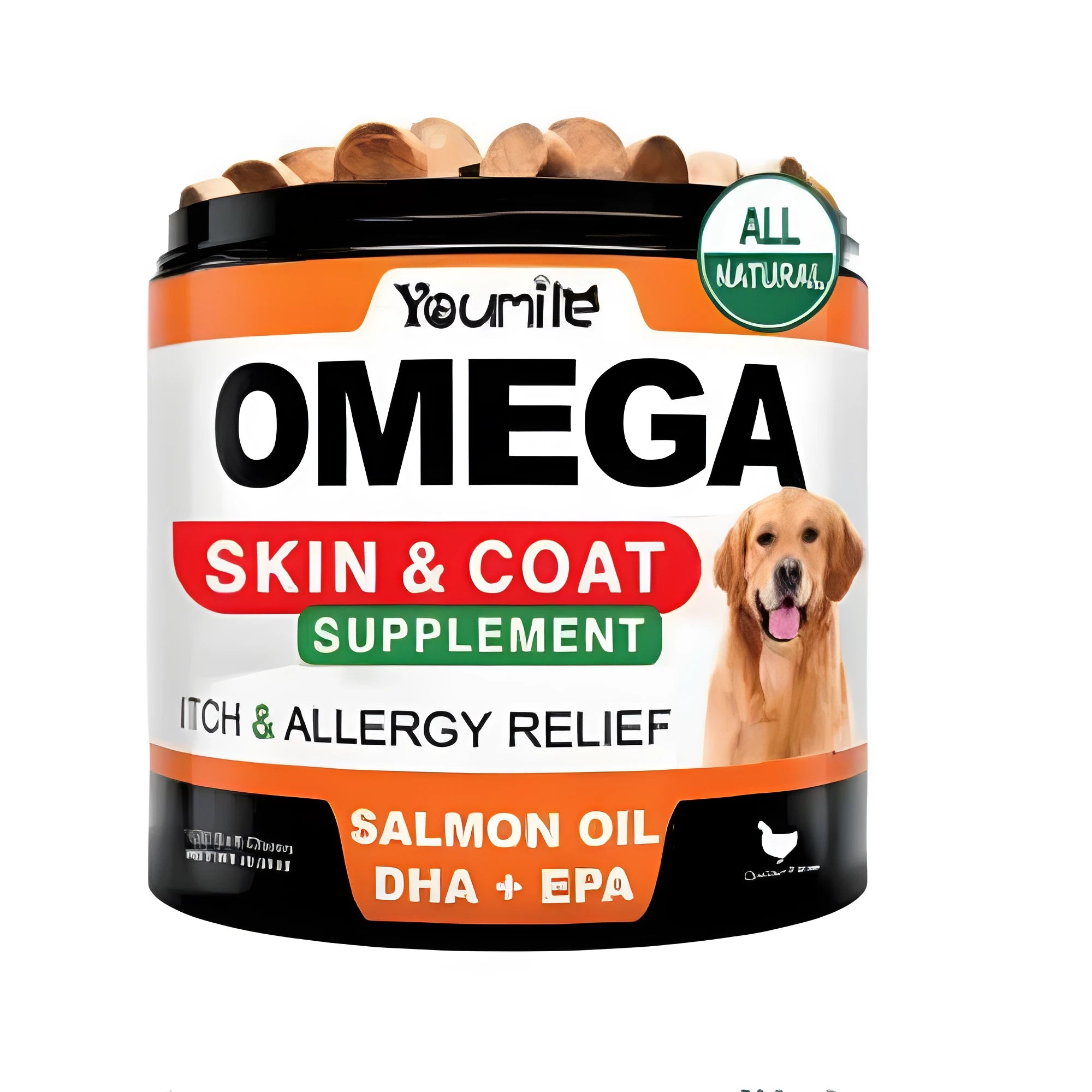 Bottle of 120 count fish oil chewable soft gel capsules, a dietary supplement with DHA and EPA.