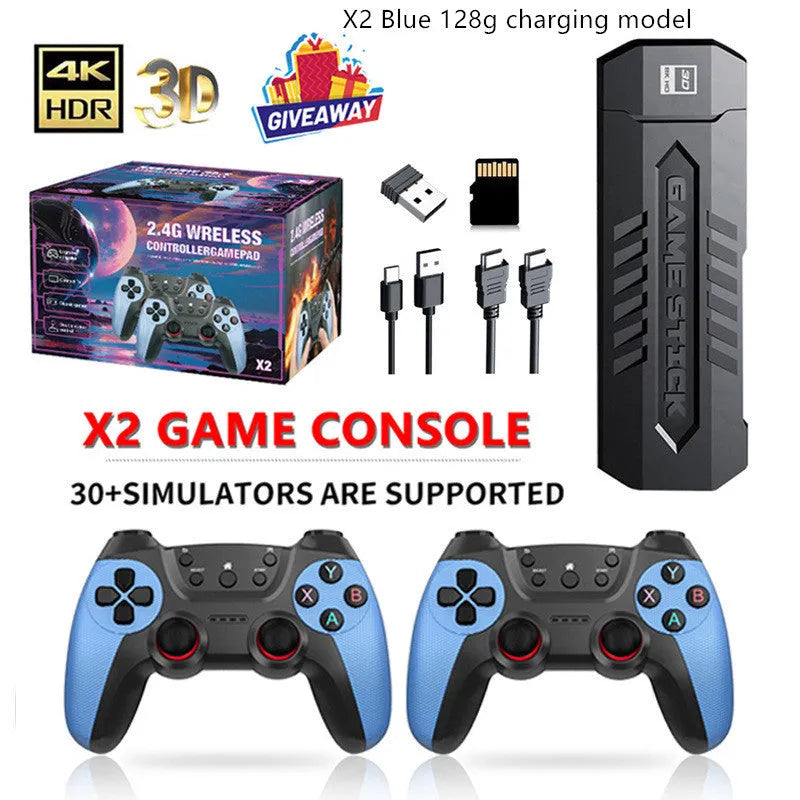 X2 Blue game console with HDMI, two wireless controllers, USB charging cable and TF card, 16x10x12cm