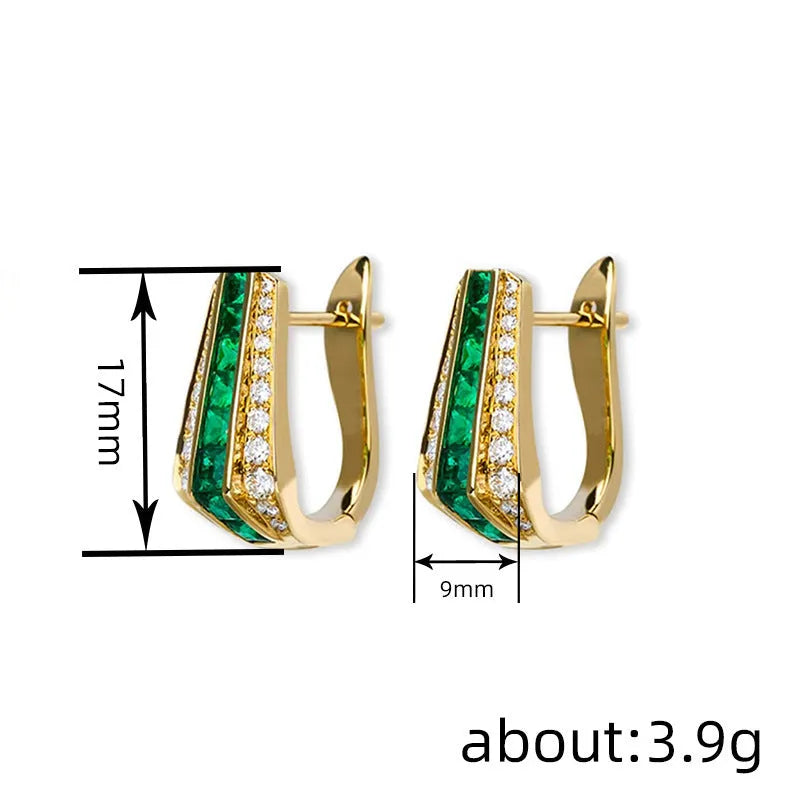 Copper geometric clip-on earrings for women with faux emerald and inlaid zircon in yellow gold