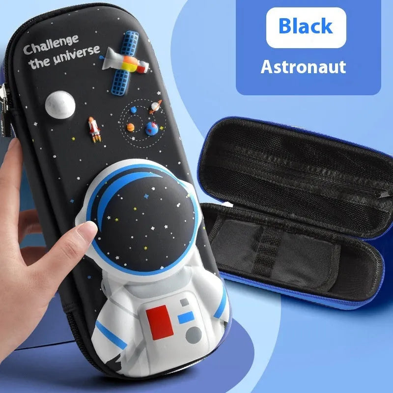 3D leather pencil case with embossed spaceship design organising pens and pencils