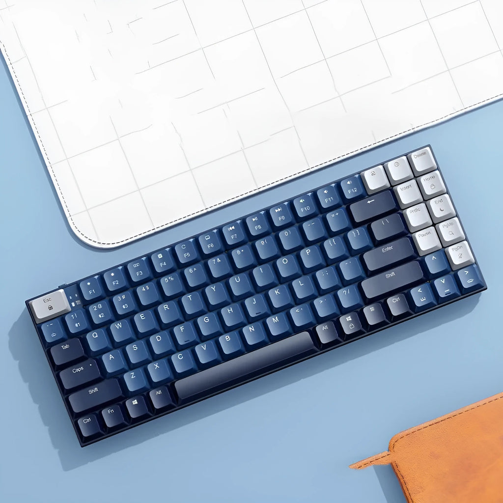 Ku102 mechanical keyboard in deep sea blue with tea axis switches, USB Bluetooth Type-C, and monochrome backlight.
