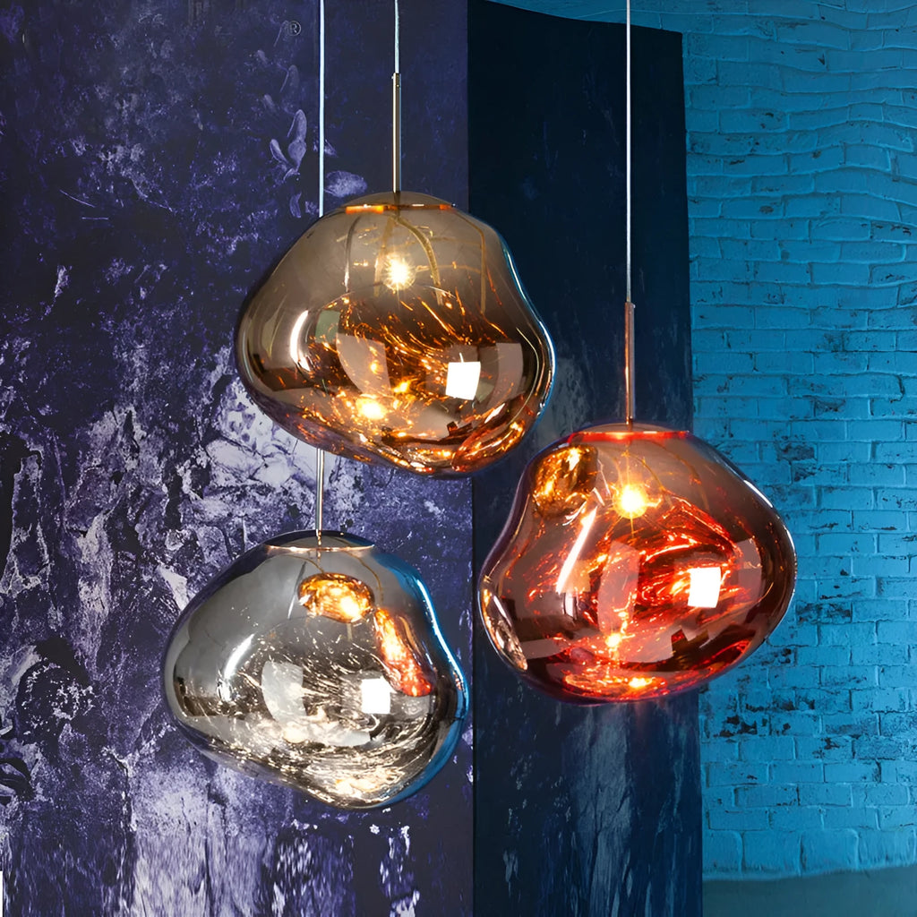 Nordic style irregular glass lava lamp chandelier pendant light in a metallic finish.