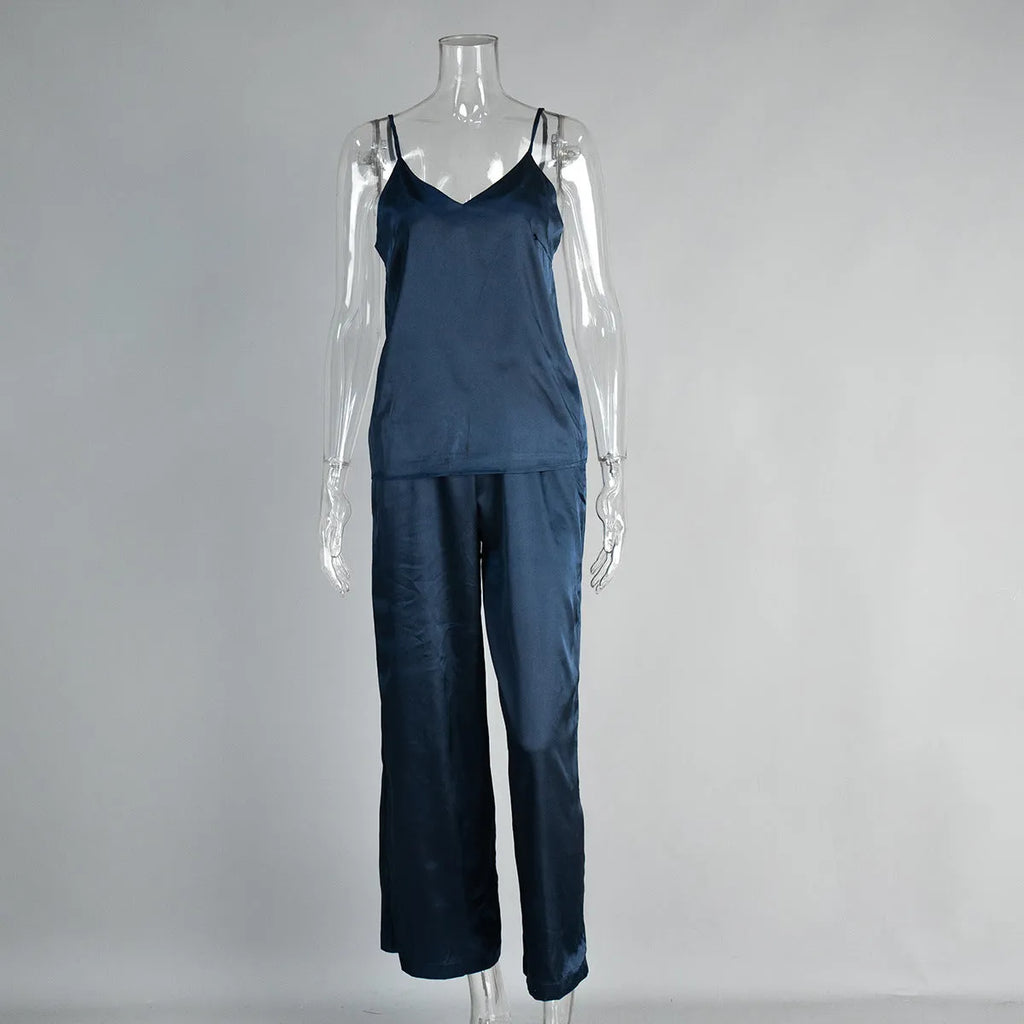 Suspender trousers pajama set in navy blue polyester with adjustable straps on the trouser waist