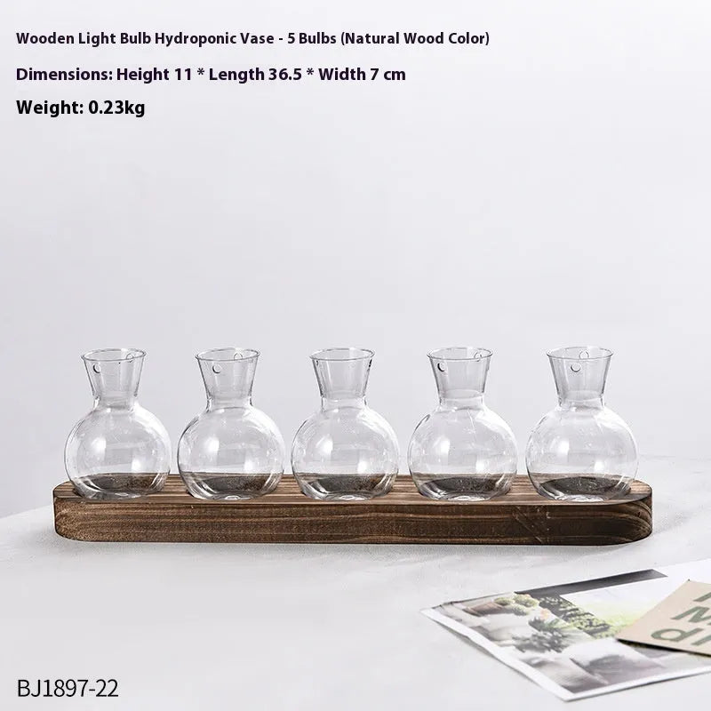 Wooden frame transparent hydroponic vase set with PET plastic vases in modern design
