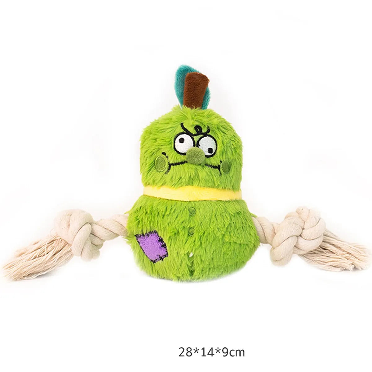 Green and purple interactive plush rope knot dog toy with molar tooth texture for tug of war and chewing.