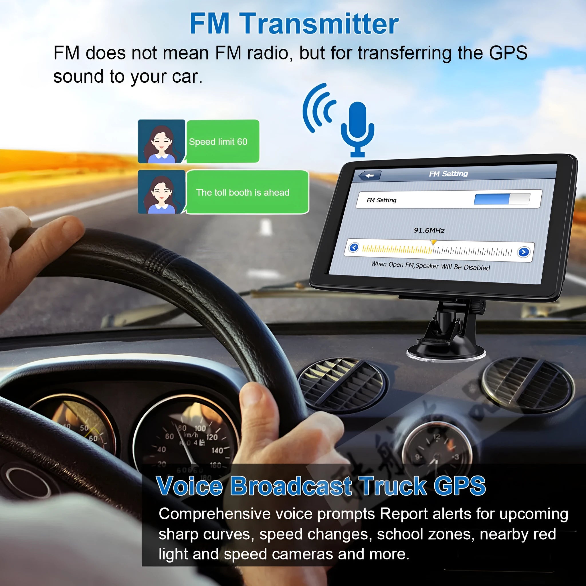 7 inch car GPS navigation device with touch screen on a bracket, next to a car charger.