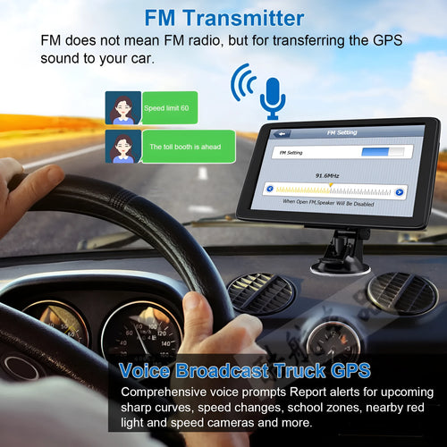 Black portable car GPS navigation device with 7 inch screen mounted on a bracket and car charger.