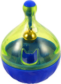 Blue plastic tumbler-shaped pet treat dispenser ball for dogs and cats.