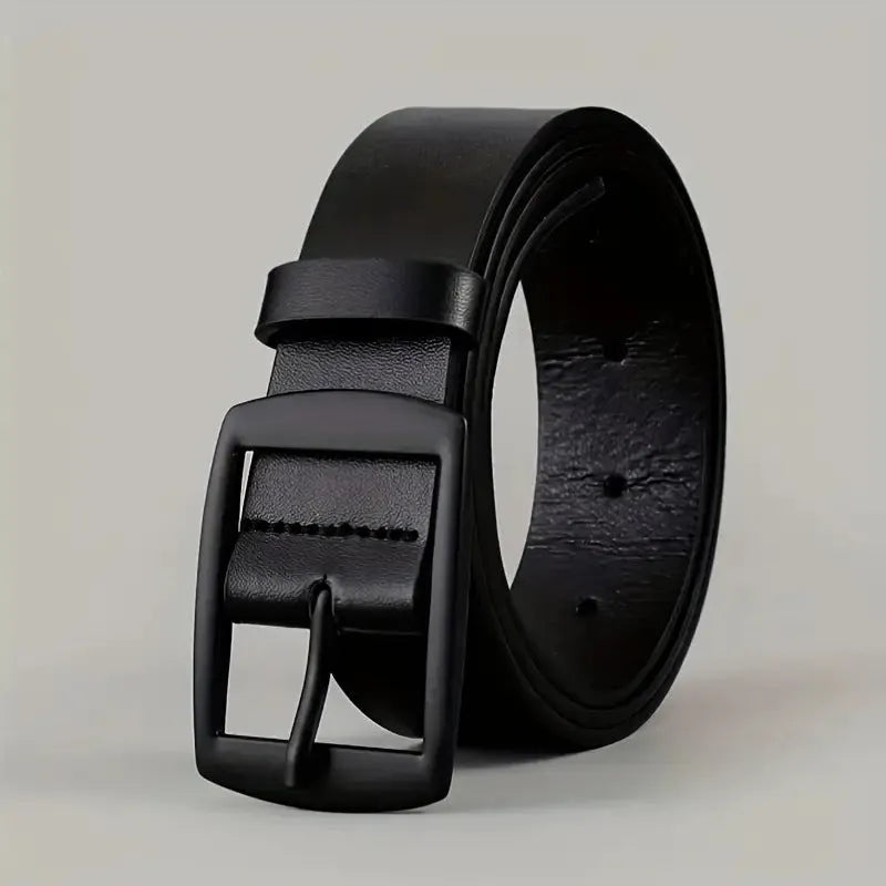 Men business casual imitation leather belt with alloy buckle, 120cm length, black buttons