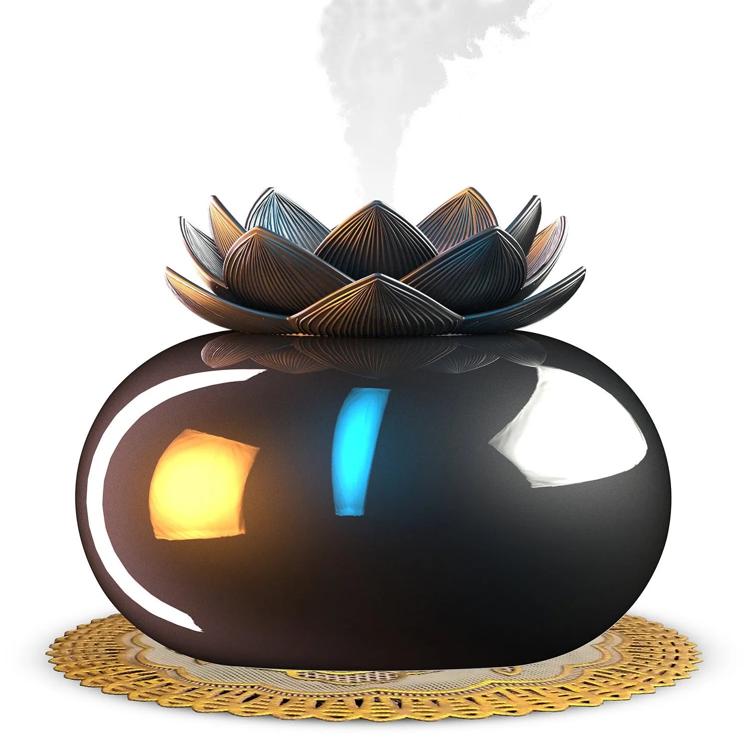 Pure black round Lotus aromatherapy ultrasonic humidifier with USB cable on a desk.