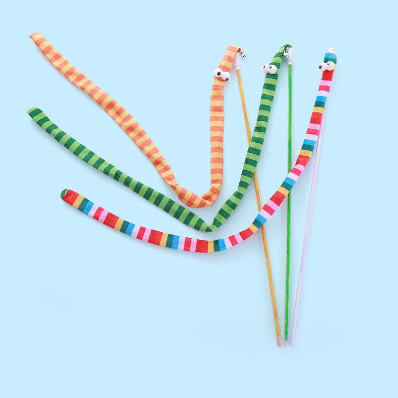 Cat wand teaser toy with polycarbonate pole and colourful plush strip for interactive play