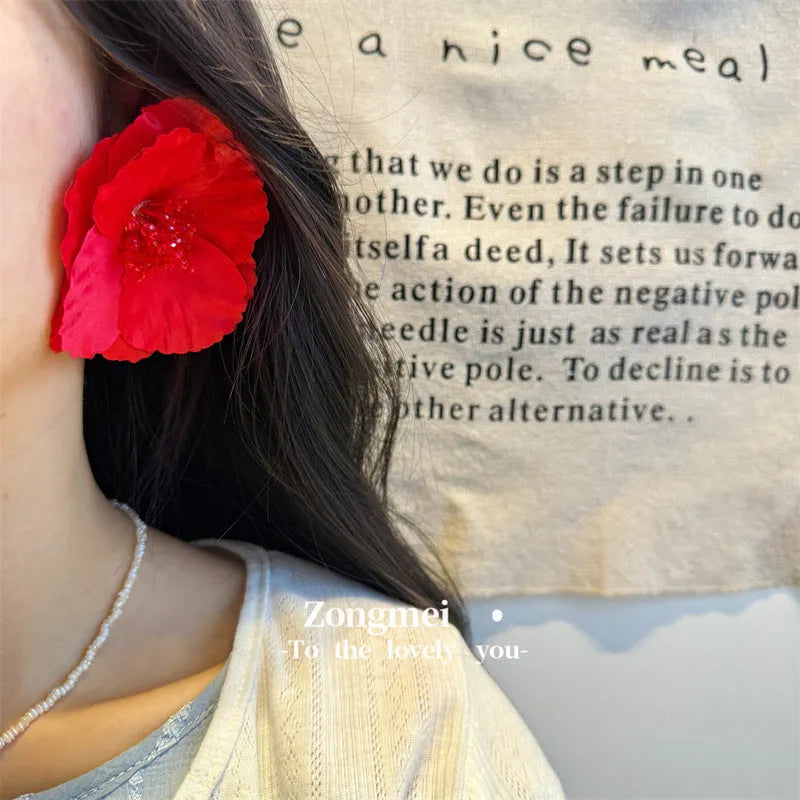 European American exaggerated handmade flower earrings for women, red steel needle pairs, handwoven mixed material floral design