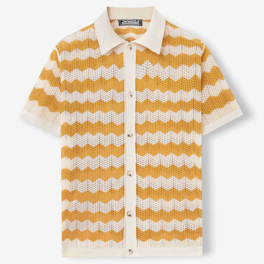 Yellow short-sleeve Tencel sweater with hollow jacquard corrugated texture on a hanger.