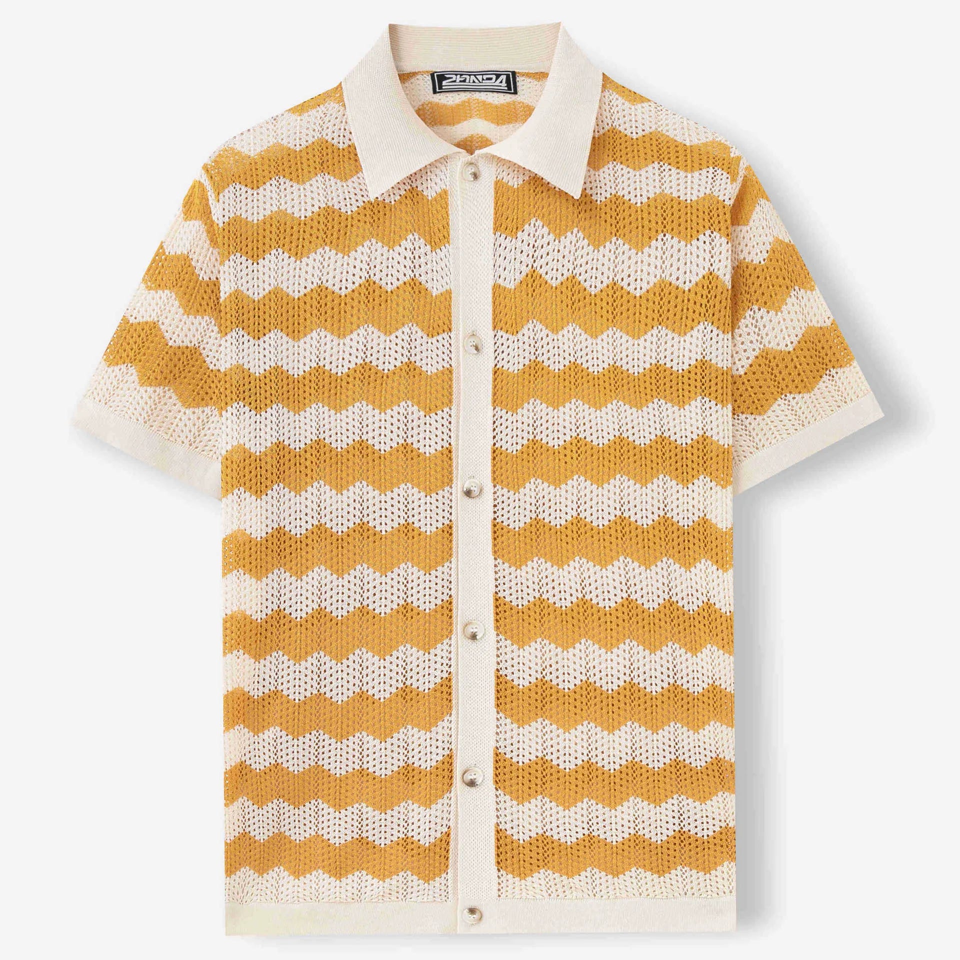Yellow short-sleeve Tencel sweater with hollow jacquard corrugated texture on a hanger.