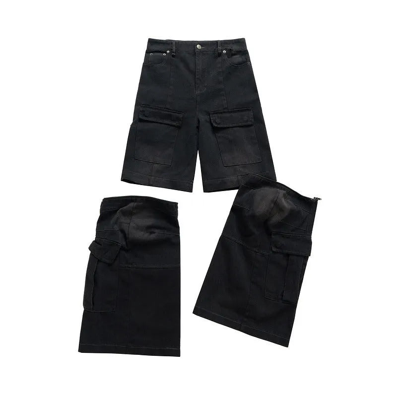 Detachable washed-out cotton overalls with multi-pockets and micro-pull fastening in black or blue