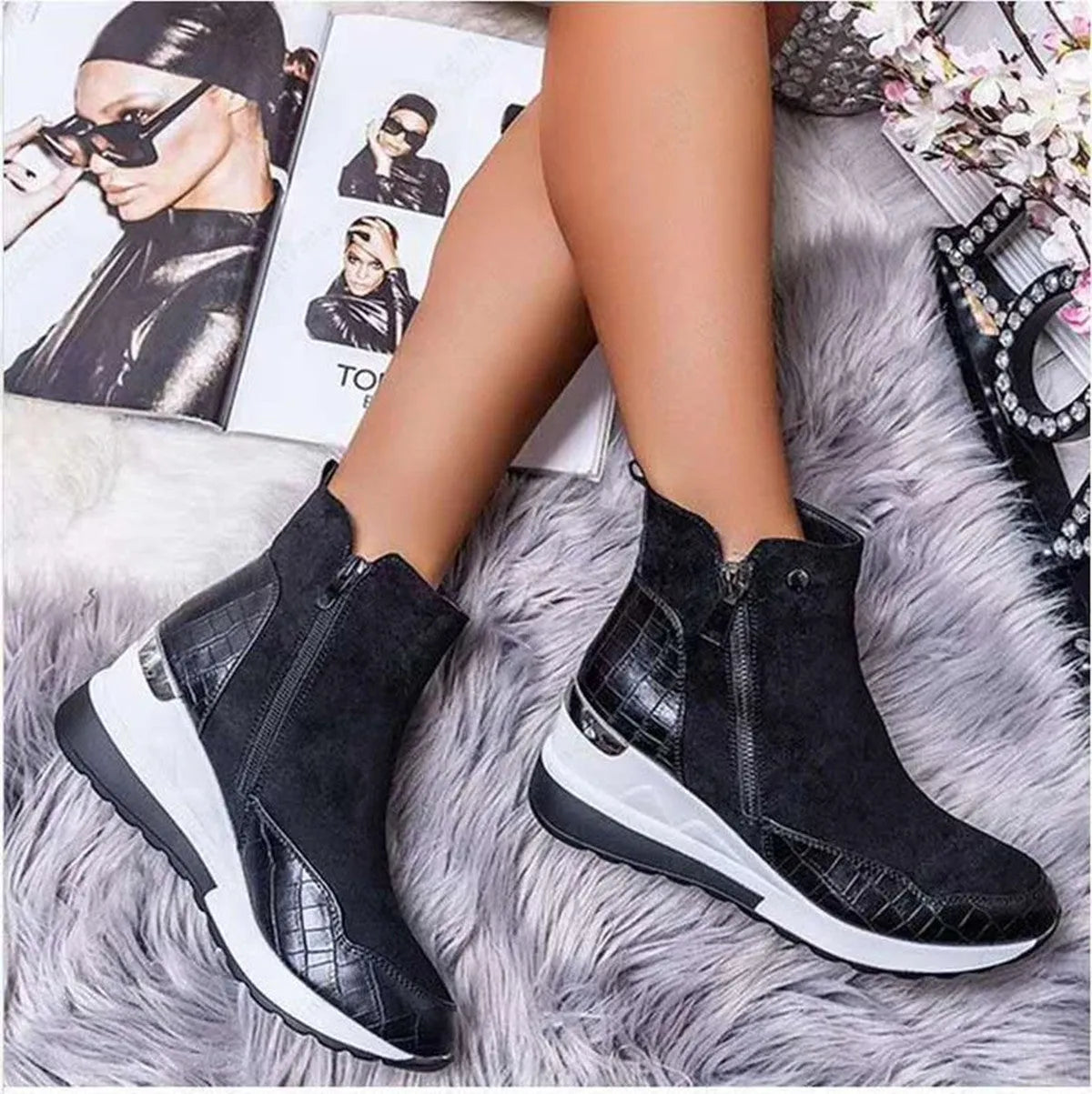 Women's wedge platform ankle boots with side zipper, PU upper, available in black blue beige brown, sizes 35 to 43
