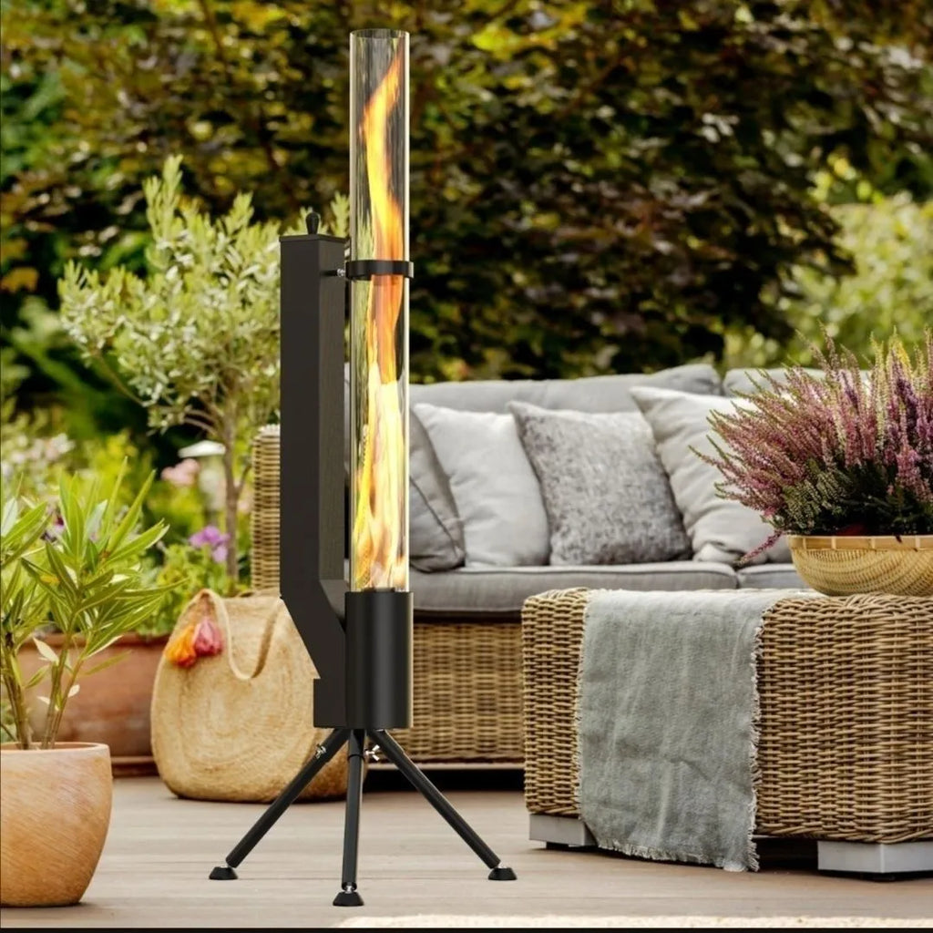 Vertical iron wood burning rocket furnace courtyard heating stove with decorative design
