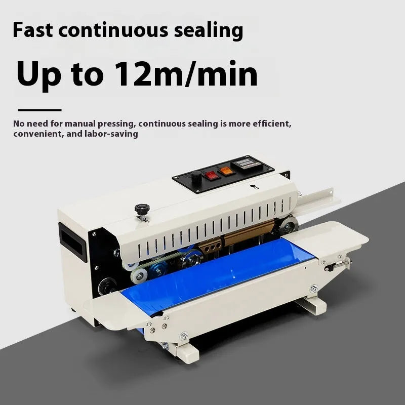 Compact manual steel seal sealing machine with integrated date printer on a worktop.