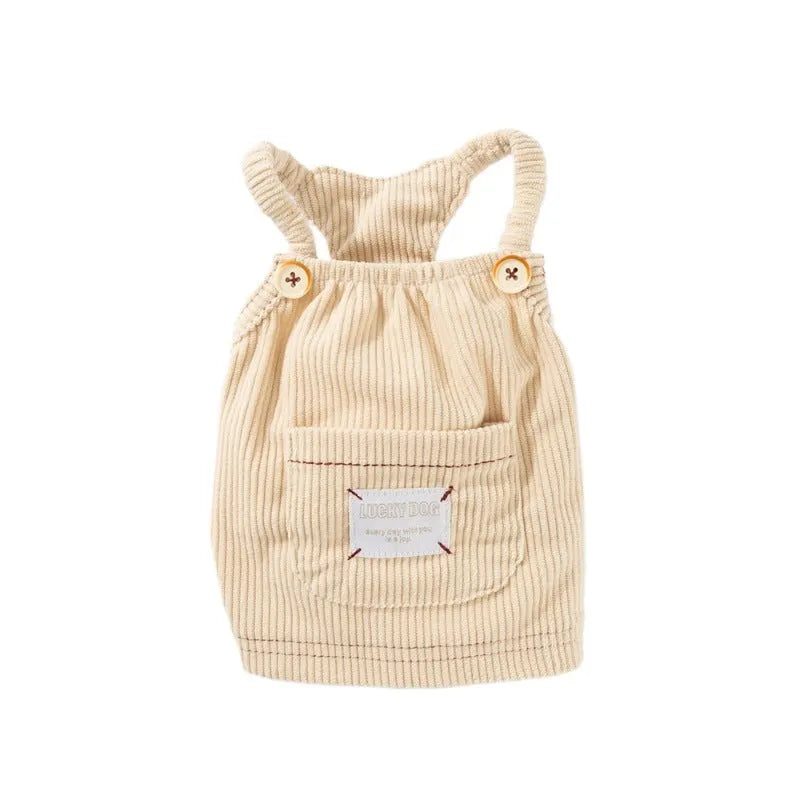 Brown corduroy pet vest with wool Sherpa collar on a small dog, halter design for easy wear