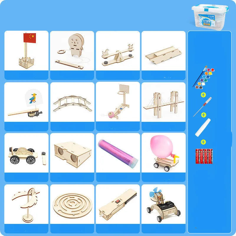 Physical science and technology small production kit with 16 wooden pieces, paint, screwdriver, glue and batteries for kids aged 7-14