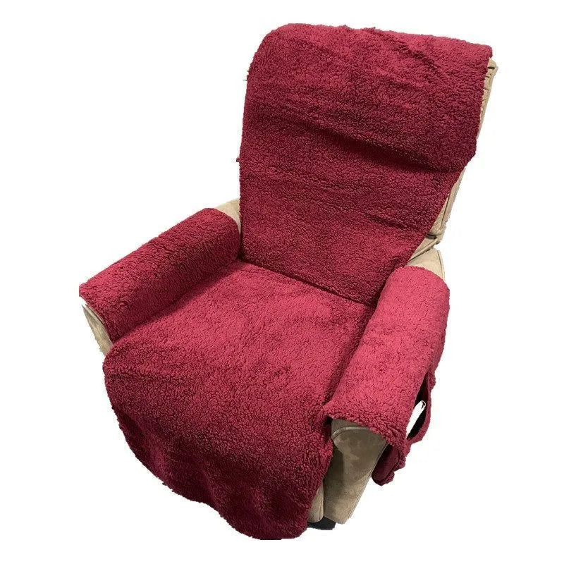 Stretchable polyester sofa cushion cover in lamb wool beige colour on a cushion.