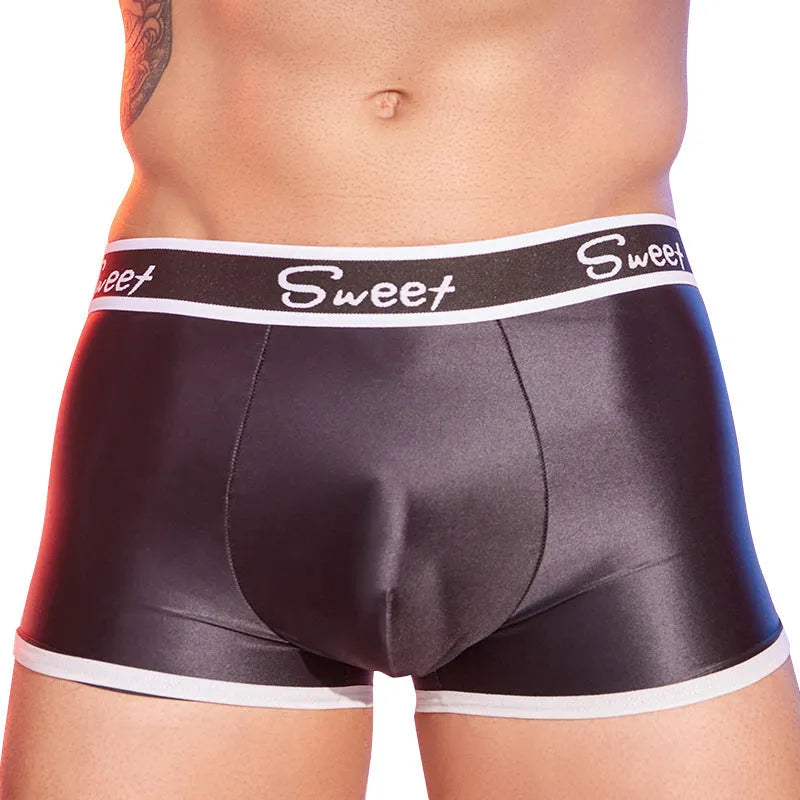 Men's silky shiny nylon boxer shorts in black, white, and sapphire blue colours