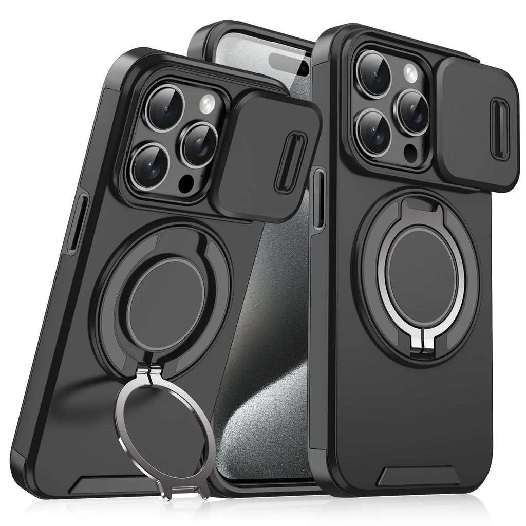 Sliding window bracket drop-resistant phone case for Apple iPhone in black PC material with sprayed finish