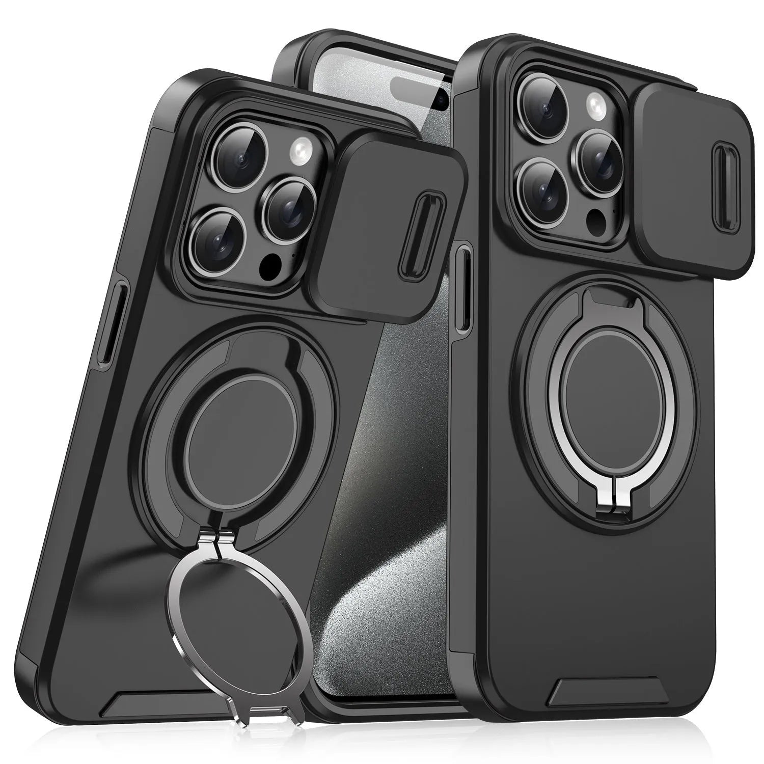 Sliding window bracket drop-resistant phone case for Apple iPhone in black PC material with sprayed finish