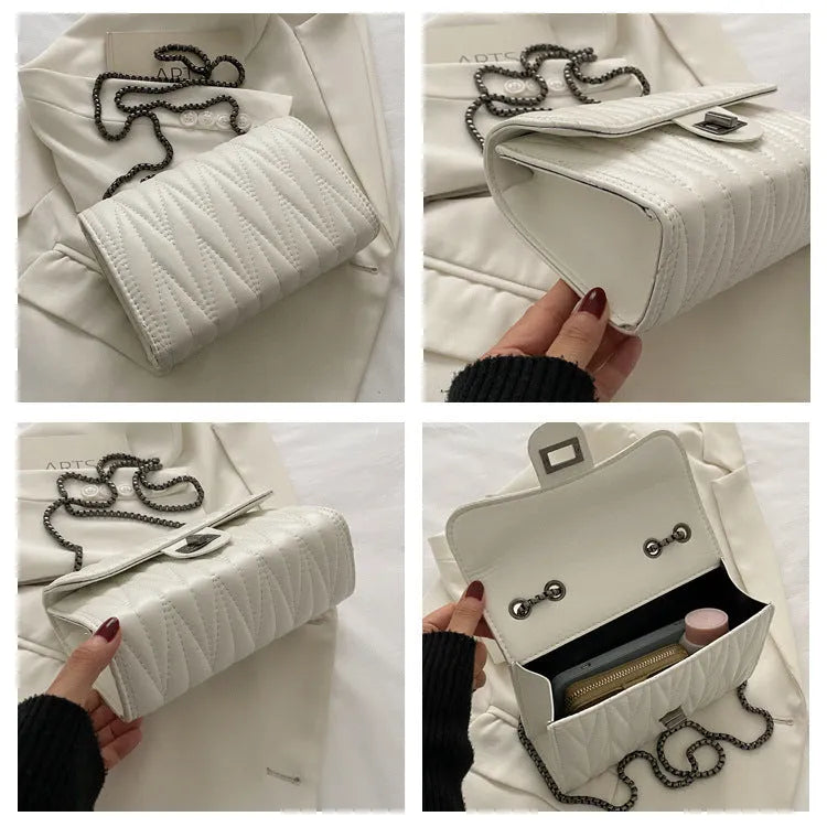 Small beige PU women's bag with a retro textured diamond pattern and a soft carry handle.