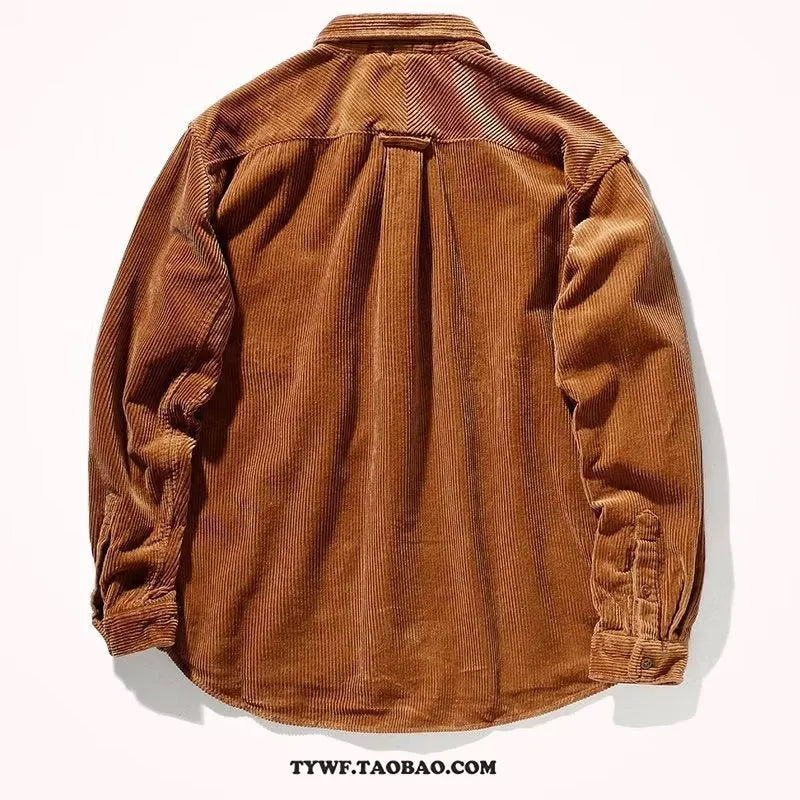 Long sleeve loose fit caramel corduroy Hong Kong style cardigan shirt laid flat