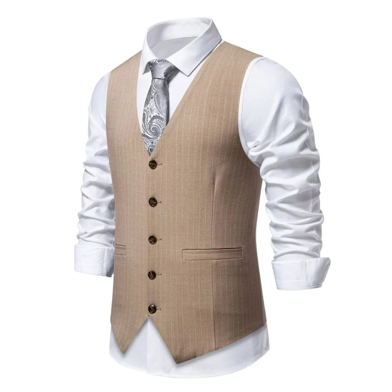 Men's striped suit vest in polyester with non-ironing fabric and V-shaped hem