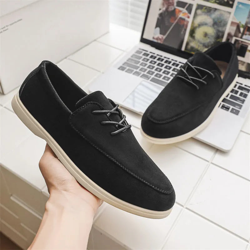 Men's suede slip-on loafers with elastic band, mesh lining, rubber vulcanized sole, low flat heel, solid colour, sizes 39-45