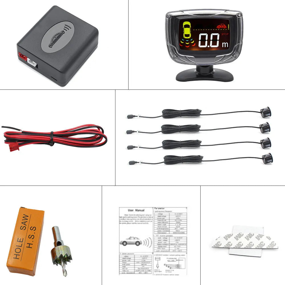 Wireless vehicle reversing sensor kit with digital display and four embedded probes