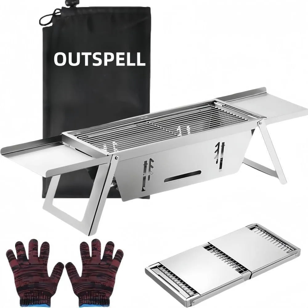 Small foldable portable charcoal grill shown in use and collapsed for storage.
